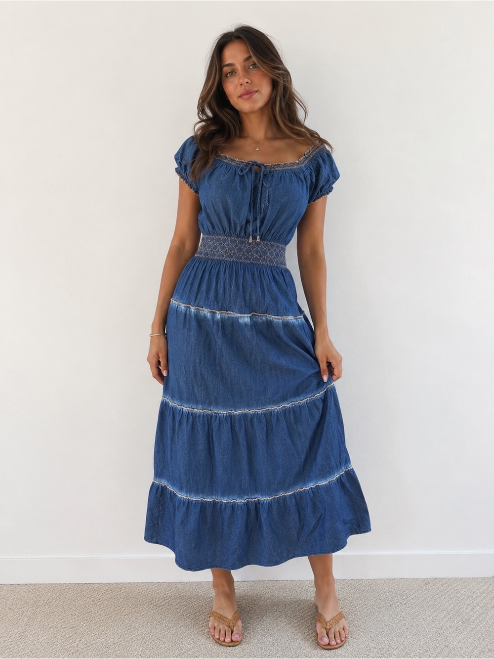 Blue Smocked Waist Tiered Maxi Dress